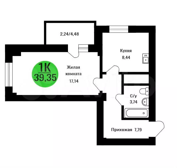 1-к. квартира, 39,4 м, 13/17 эт. - Фото 0