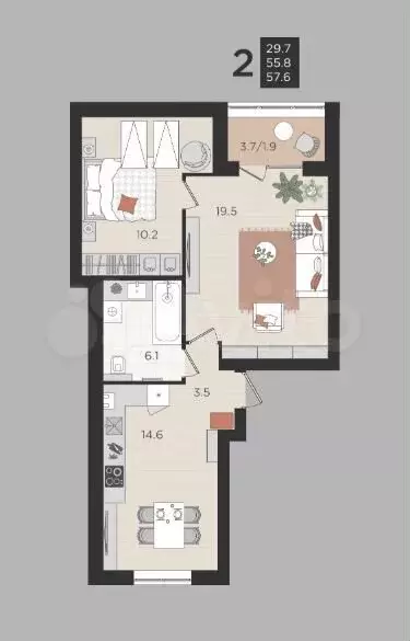 2-к. квартира, 57,6 м, 4/4 эт. - Фото 1