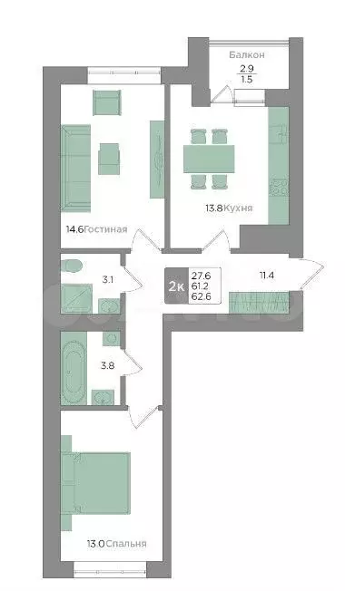 2-к. квартира, 62,6 м, 3/9 эт. - Фото 1