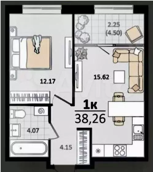 1-к. квартира, 38 м, 5/9 эт. - Фото 1