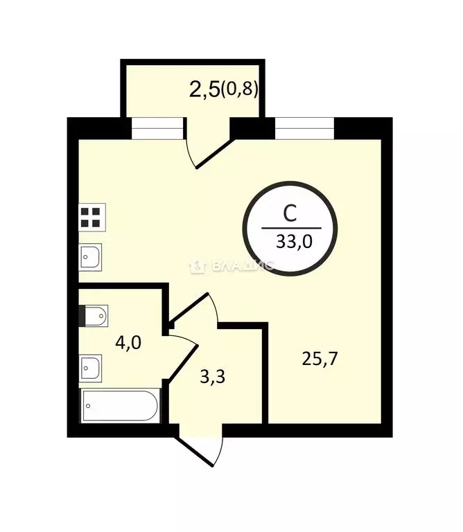 Квартира-студия: Вологда, Новгородская улица, 58А (33 м) - Фото 1