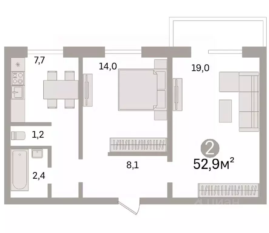 2-к кв. Омская область, Омск ул. Конева, 26/1 (52.9 м) - Фото 0