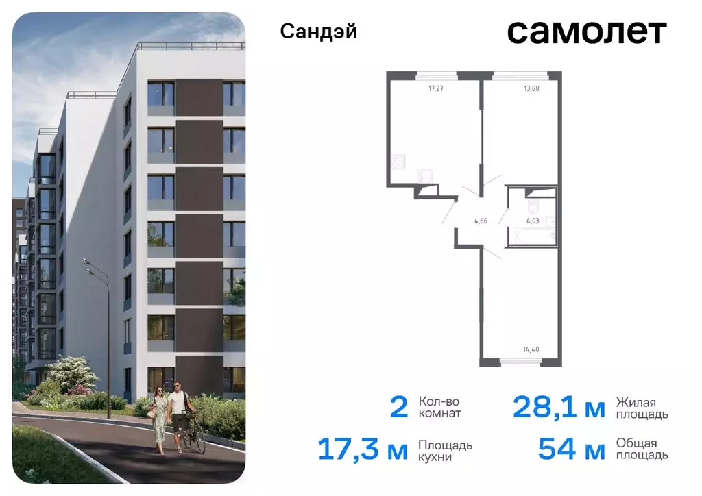 2-к кв. Санкт-Петербург Сандэй жилой комплекс, 7.3 (54.04 м) - Фото 0