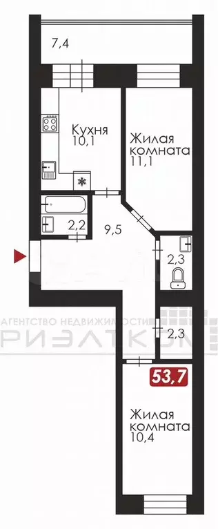 2-к. квартира, 53,7 м, 7/10 эт. - Фото 0