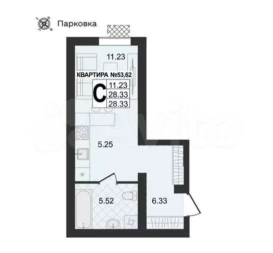 Квартира-студия, 28,3 м, 4/4 эт. - Фото 1