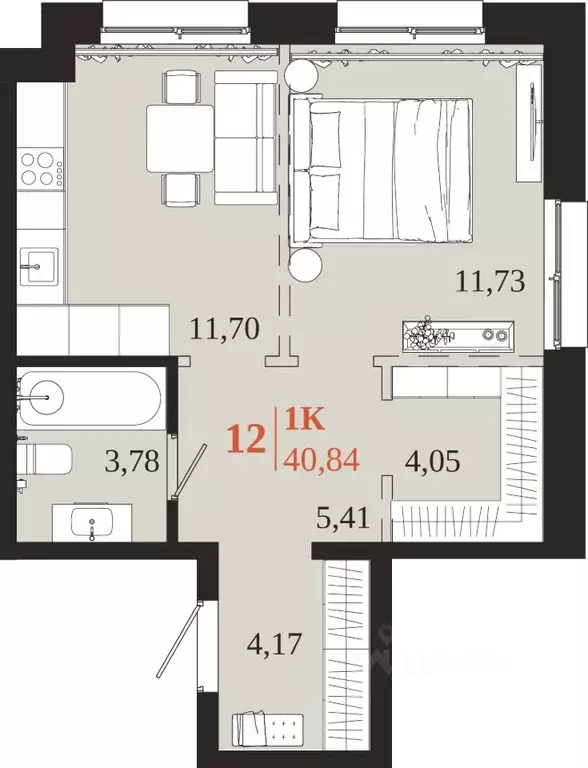 1-к кв. Иркутская область, Иркутск 1661 жилой комплекс (40.84 м) - Фото 1