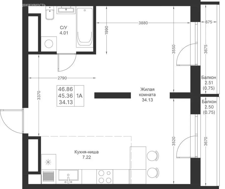 1-комнатная квартира: Казань, ЖК Мой Ритм, ПК14 (46.86 м) - Фото 1