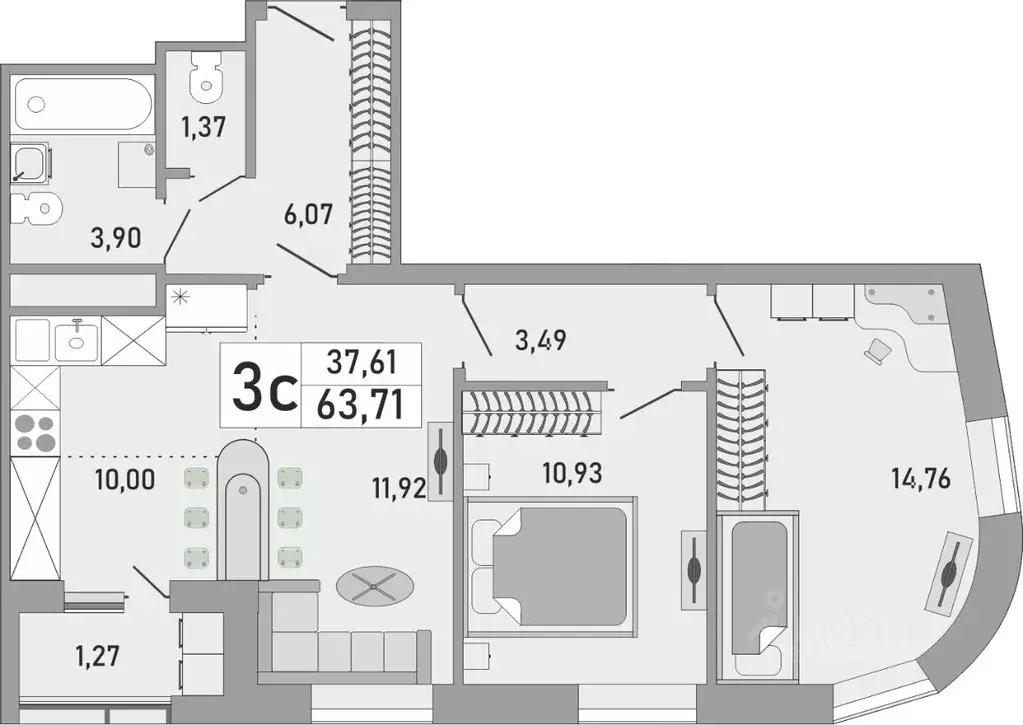 3-к кв. Башкортостан, Уфа Бакалинская ул., 9/1 (63.71 м) - Фото 1