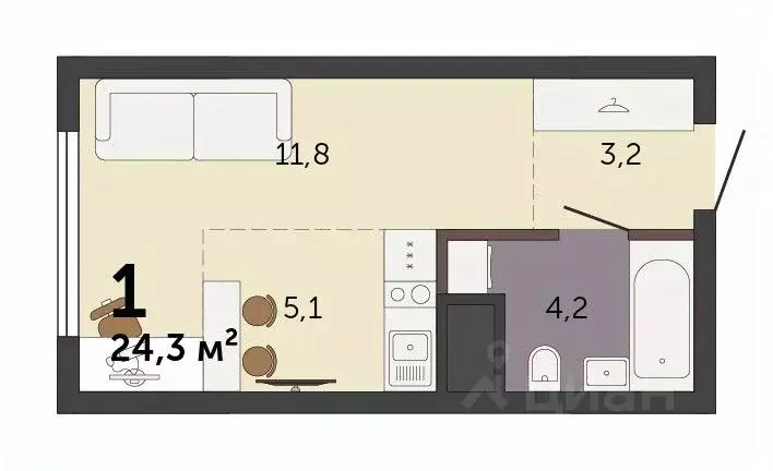 Студия Свердловская область, Екатеринбург Южный жилрайон,  (24.3 м) - Фото 2