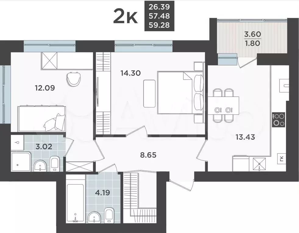 2-к. квартира, 57,5 м, 1/9 эт. - Фото 1