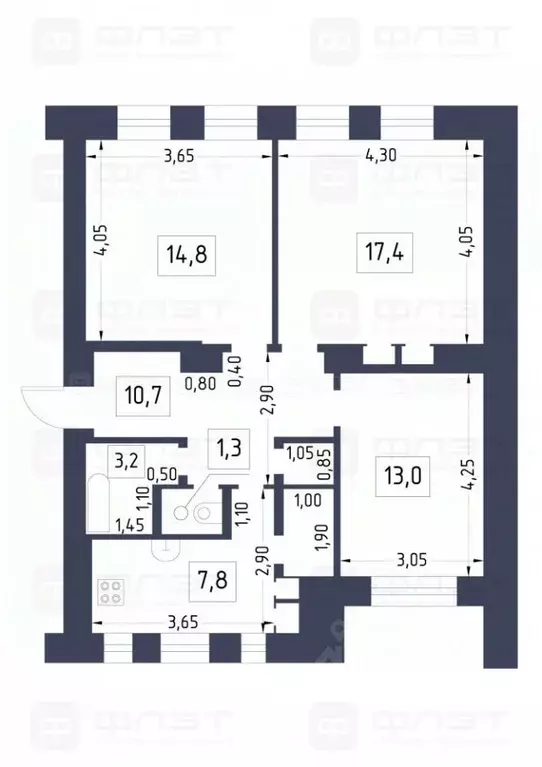 3-к кв. Татарстан, Казань ул. Чернышевского, 24/23 (71.5 м) - Фото 2