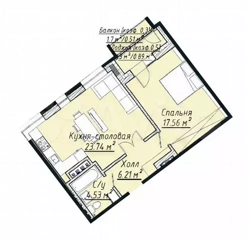 1-к. квартира, 54 м, 5/7 эт. - Фото 0
