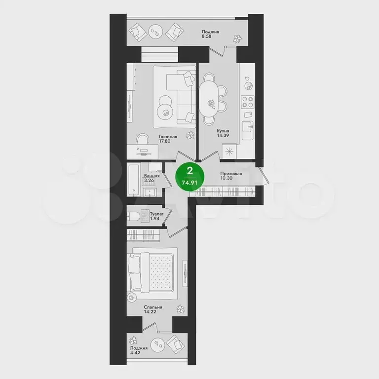 2-к. квартира, 74,9 м, 6/9 эт. - Фото 0
