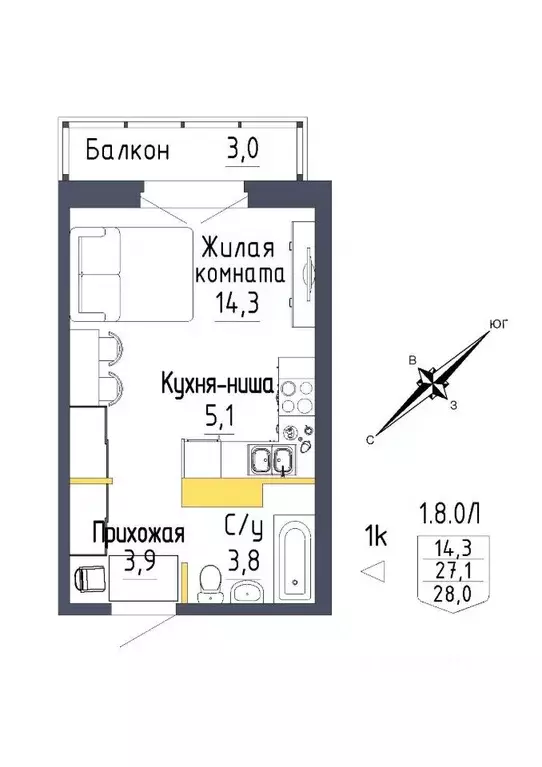 1-к кв. Свердловская область, Екатеринбург ул. Тюльпановая, 12 (28.0 ... - Фото 1