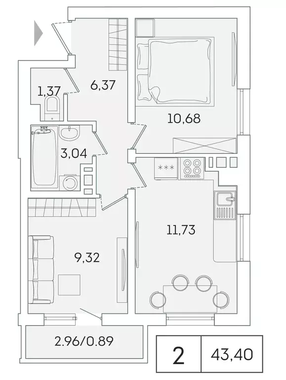 2-к квартира, 42.4 м - Фото 0