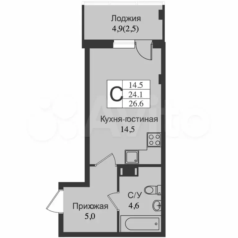 квартира-студия, 24,1 м, 4/15 эт. - Фото 0