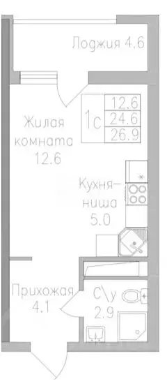 Студия Липецкая область, Липецк ул. Тельмана, 1 (26.9 м) - Фото 1