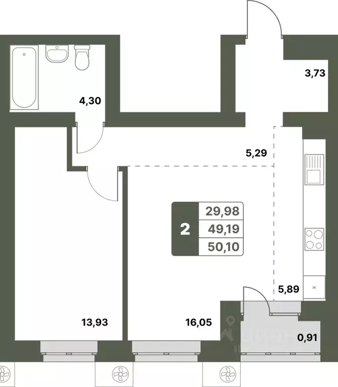 2-к кв. Башкортостан, Уфимский район, с. Миловка  (50.1 м) - Фото 1