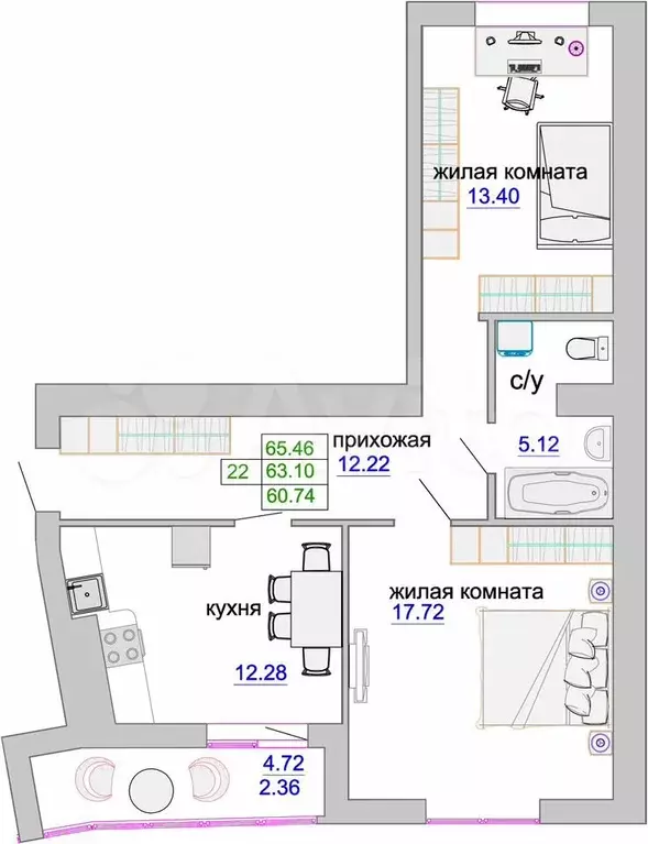 2-к. квартира, 63,6 м, 6/9 эт. - Фото 1