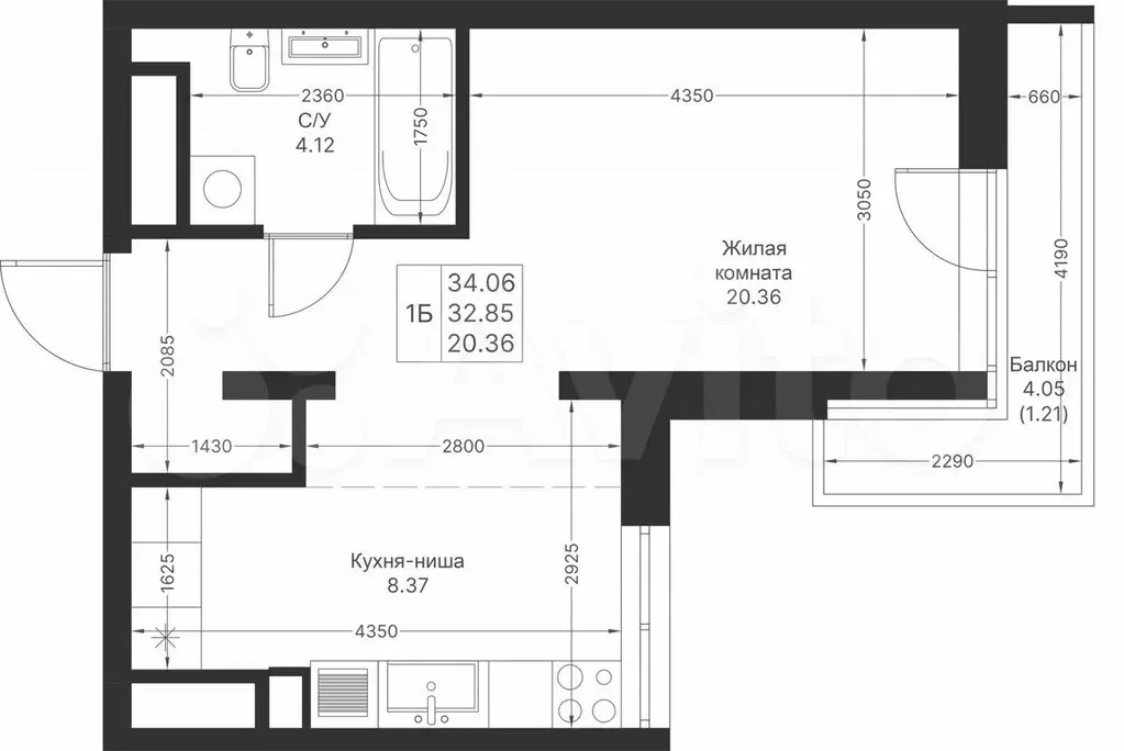 1-к. квартира, 34,1 м, 23/25 эт. - Фото 1