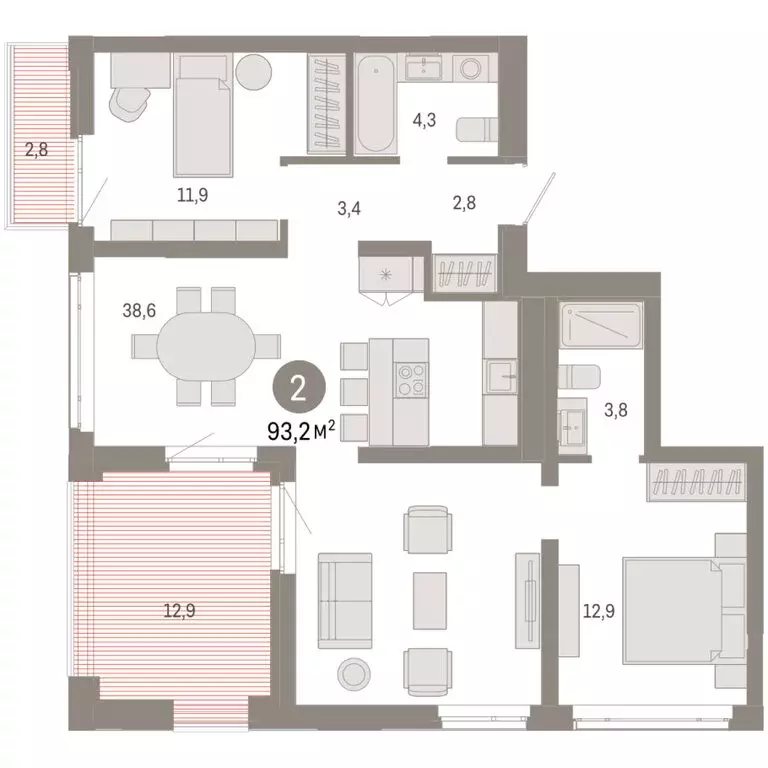 2-комнатная квартира: Тюмень, улица Республики, 205к3 (93.17 м) - Фото 1
