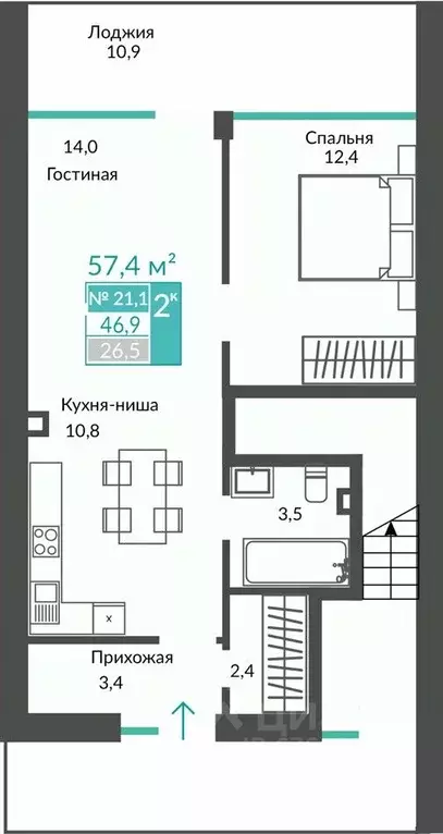 2-к кв. Крым, Алушта муниципальный округ, с. Виноградное  (57.4 м) - Фото 1