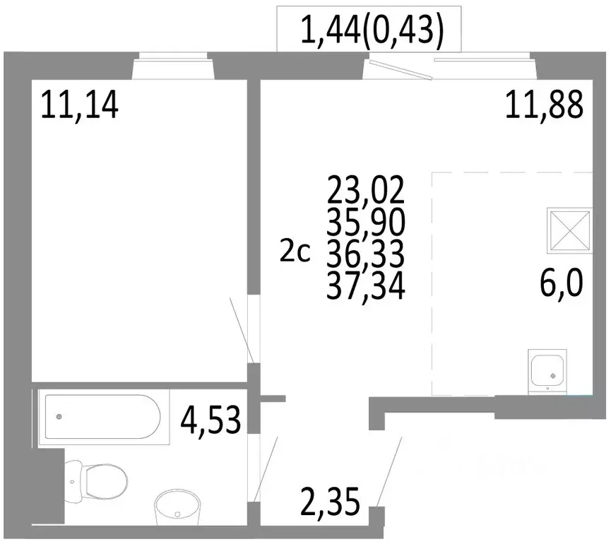 2-к кв. Челябинская область, Челябинск ул. Блюхера, 125В (36.33 м) - Фото 0