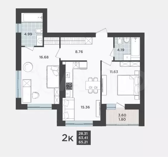 2-к. квартира, 63,4 м, 6/9 эт. - Фото 1