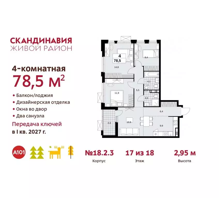 4-комнатная квартира: жилой комплекс Скандинавия, 18.2.2 (78.5 м) - Фото 0