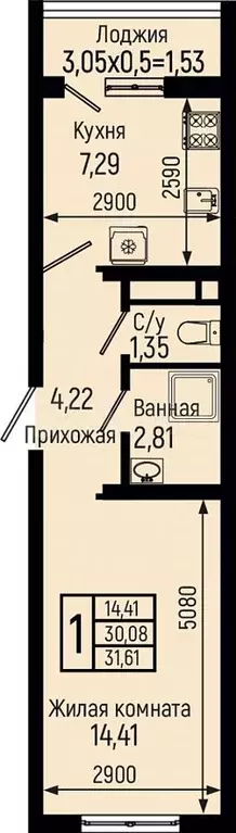 1-к. квартира, 31,6 м, 4/9 эт. - Фото 0