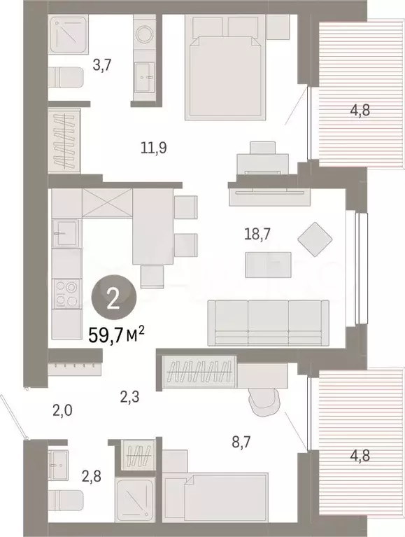 2-к. квартира, 59,7 м, 10/12 эт. - Фото 1