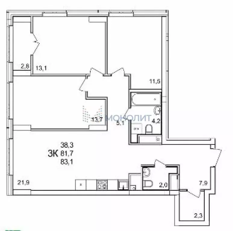 3-комнатная квартира: деревня Анкудиновка, Черкесская улица, 17 (83.1 ... - Фото 0