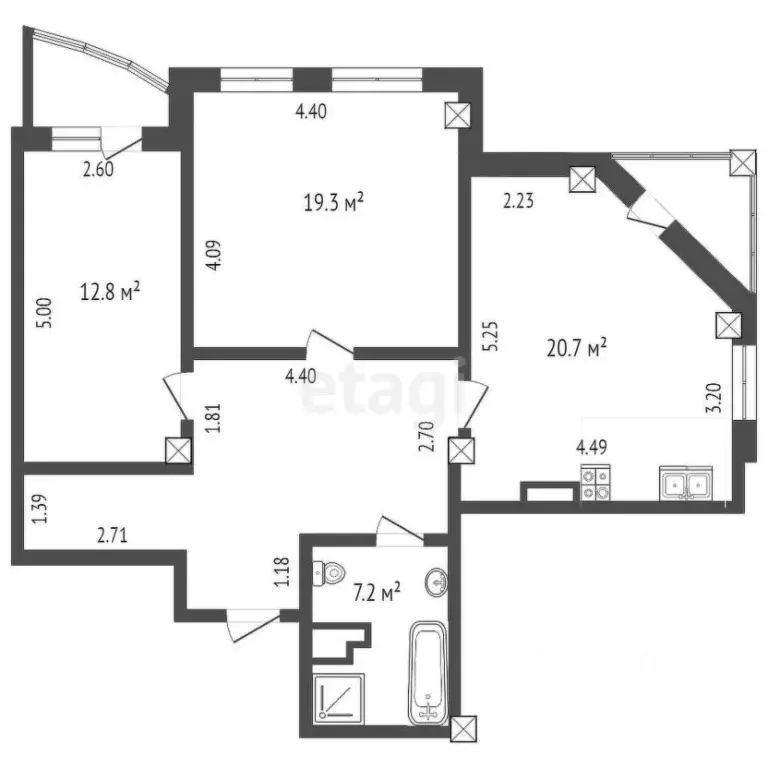 2-к кв. Тюменская область, Тюмень ул. Станислава Карнацевича, 3 (53.4 ... - Фото 2