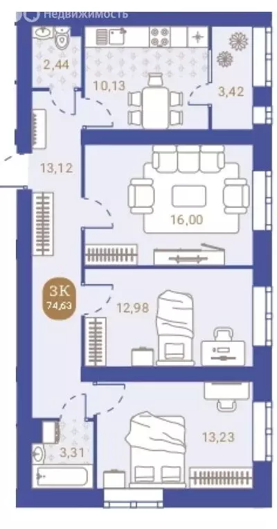 3-комнатная квартира: Пенза, улица Новосёлов, 45 (74.63 м) - Фото 0