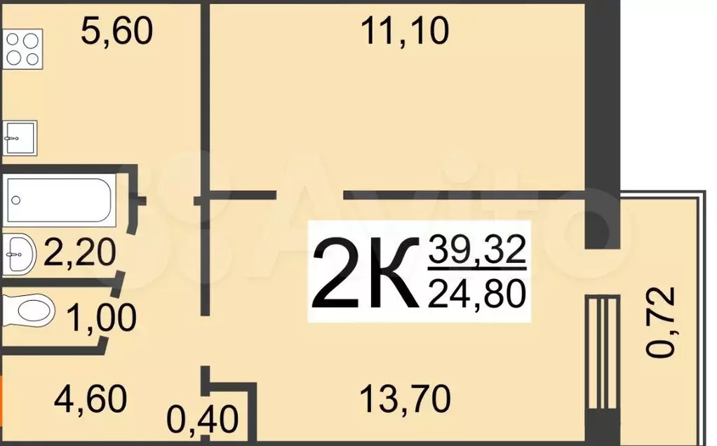 2-к. квартира, 38,7 м, 5/5 эт. - Фото 0