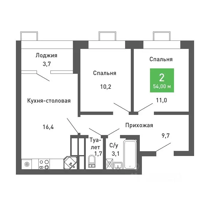 2-к кв. Воронежская область, Воронеж ул. Остужева, 52/5 (54.0 м) - Фото 0