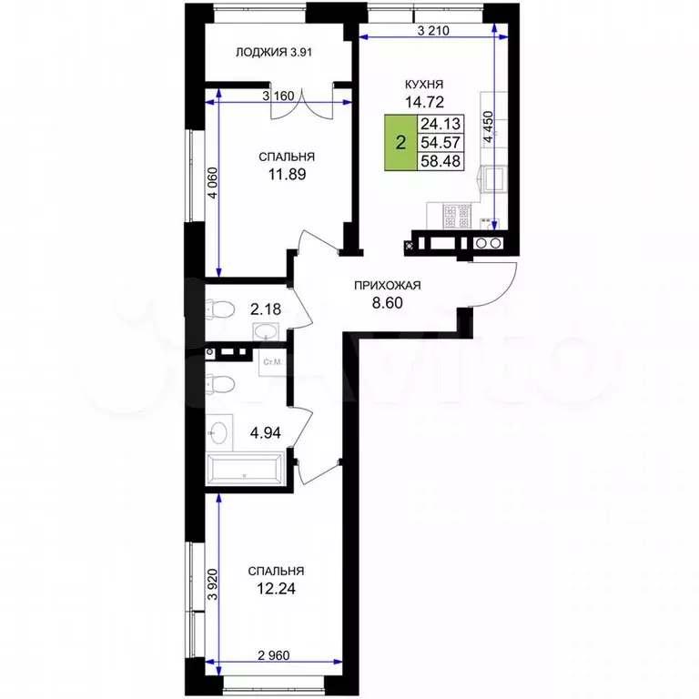 2-к. квартира, 58,5 м, 2/7 эт. - Фото 1