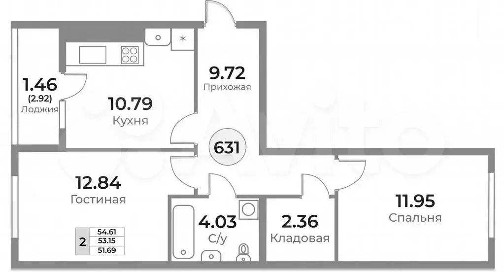 2-к. квартира, 54,6 м, 1/10 эт. - Фото 1