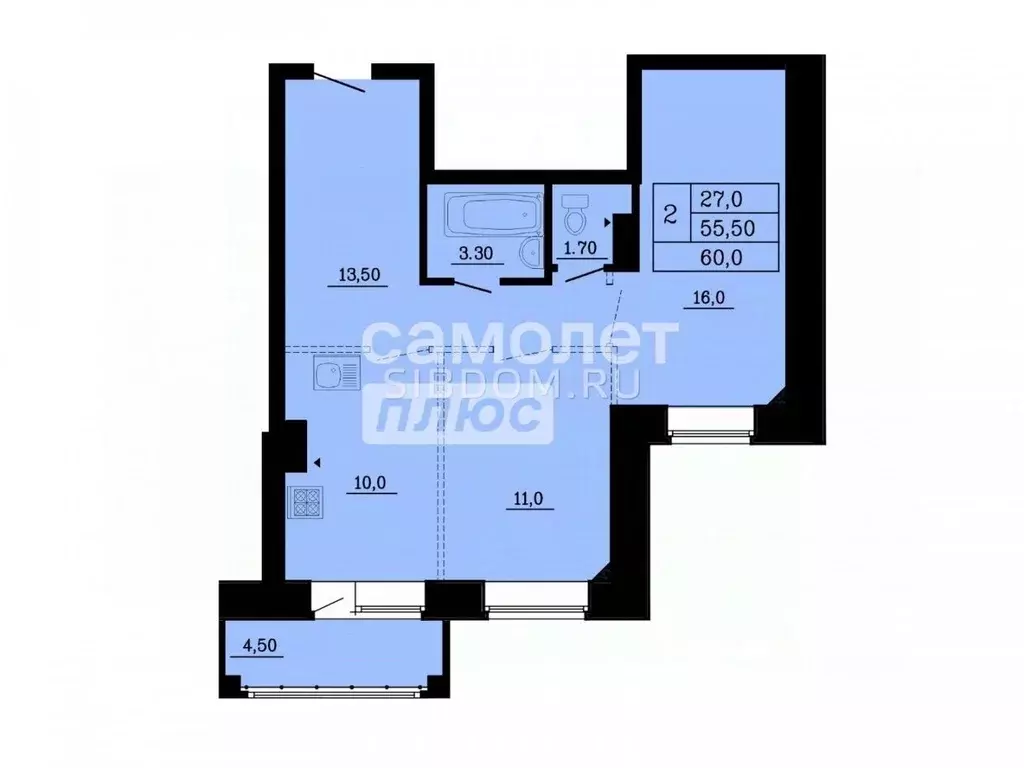 2-к кв. Омская область, Омск ул. Малиновского, 16к2 (60.0 м) - Фото 1