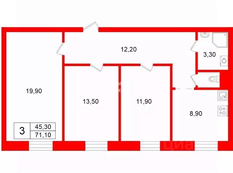 3-к кв. Санкт-Петербург просп. Юрия Гагарина, 25 (71.1 м) - Фото 2