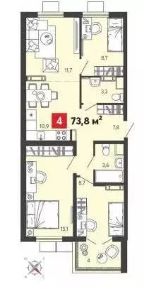 Квартира, 4 комнаты, 73.8 м - Фото 0