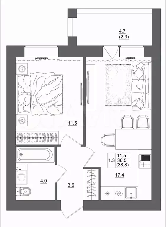 1-к. квартира, 38,8 м, 2/8 эт. - Фото 1
