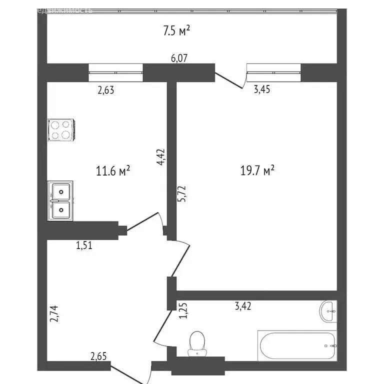 1-комнатная квартира: Тюмень, улица Бабарынка, 20Ак3 (43.8 м) - Фото 1