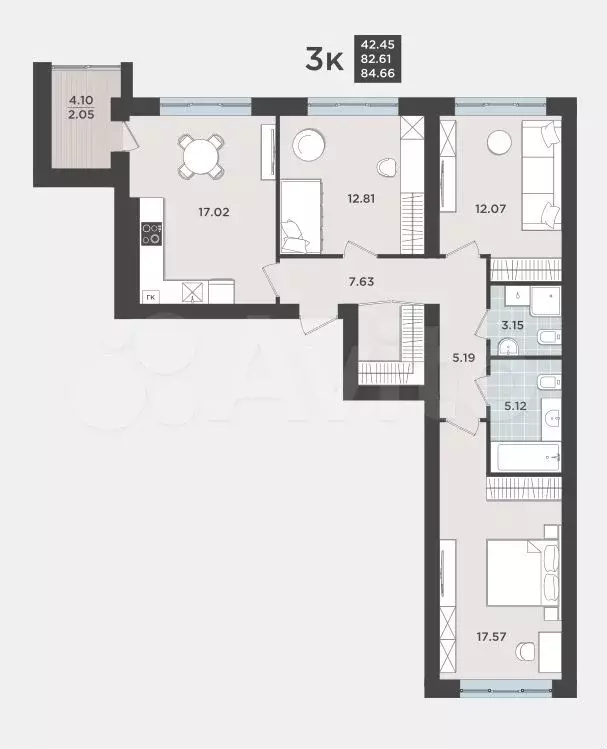 3-к. квартира, 83 м, 3/9 эт. - Фото 1