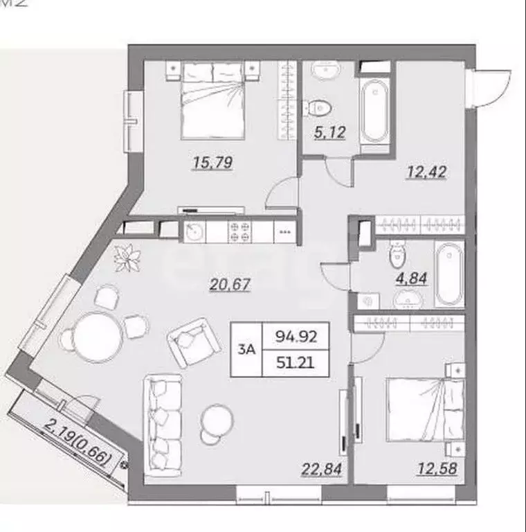 3-комнатная квартира: Казань, улица Хади Атласи, 30 (94.2 м) - Фото 1