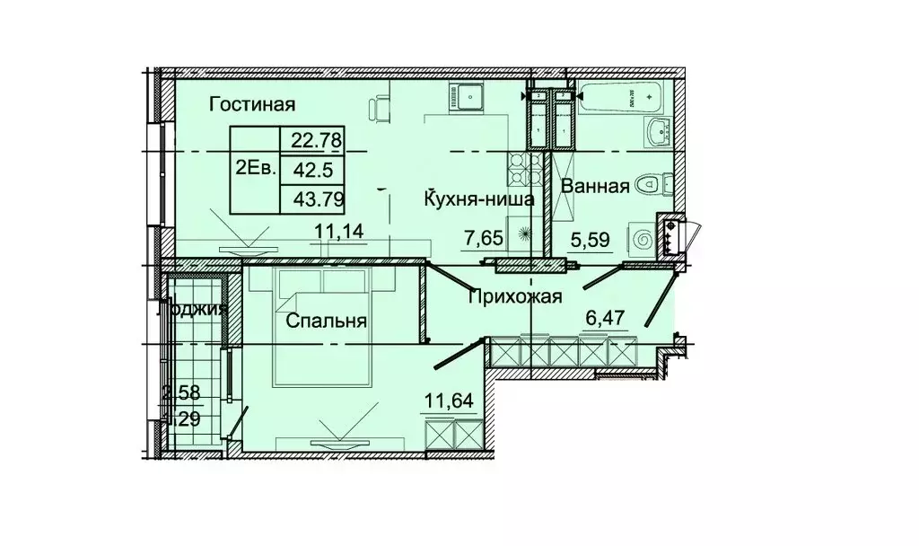 2-комнатная квартира: Батайск, Северная улица, 2Ак2 (43.79 м) - Фото 0