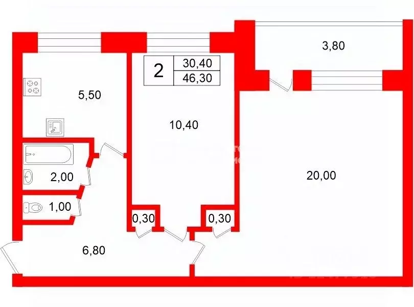 2-к кв. Санкт-Петербург ул. Добровольцев, 6К2 (46.3 м) - Фото 2