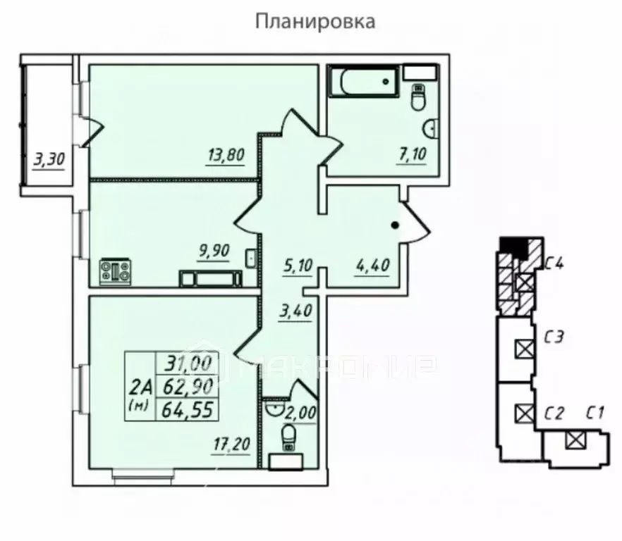 2-к кв. Ленинградская область, Всеволожск ул. Севастопольская, 1 (62.9 ... - Фото 1