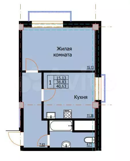 1-к. квартира, 40,6 м, 4/8 эт. - Фото 0
