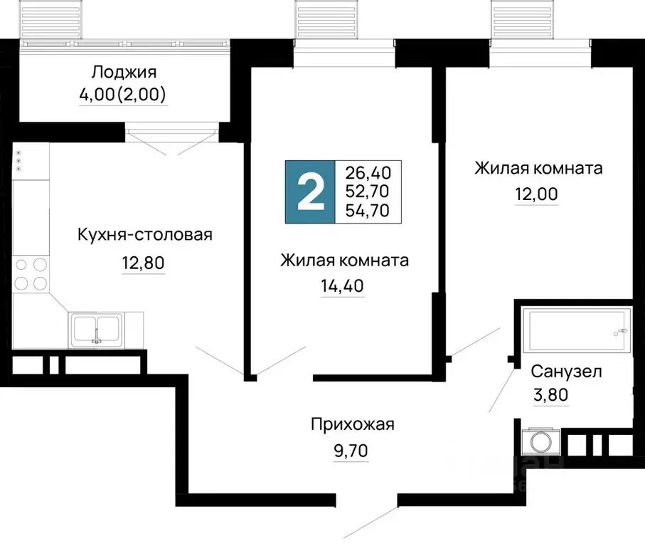 2-к кв. Адыгея, Тахтамукайский район, Яблоновский пгт  (54.7 м) - Фото 0